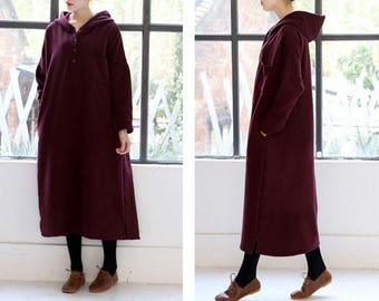 Free Style Cotton Hoodie/ Long Dress with Cotton Lining/ Winter Coat/Wine red/12 Colors/ Any Size