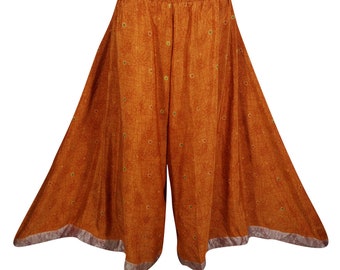 Womens Maxi Skirt Gypsy Vintage Recycled Silk Sari Smocked High Waist Boho Chic Flare Divided Long Skirt S/M