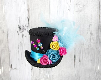 Black, Aqua, Pink, and Yellow Paper Flower Medium Mini Top Hat Fascinator, Alice in Wonderland, Mad Hatter Tea Party, Derby Hat
