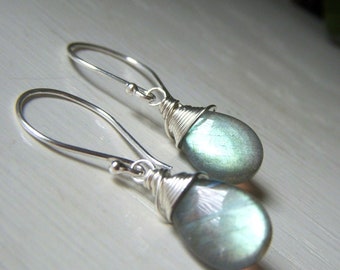 Labradorite Earrings Sterling Silver, Flashy Briolette, Wirewrapped Labradorite Earrings, Simple Gemstone Teardrop Dangle