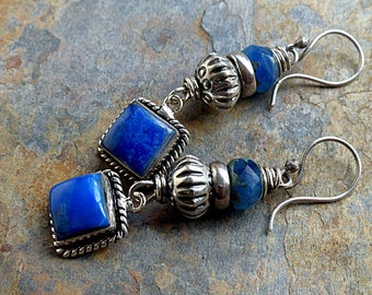 Blue & Silver Earrings/Lapis Squares in Rope Silver/Blue Czech Glass Beads/Tribal Silver . Rustic Southwest Boho Tribal Style Jewelry