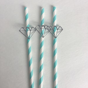 Teal Blue and silver diamond paper straws. Bridal shower favors. Bachelorette favors. Dirty Thirty favors. Fashion Party.