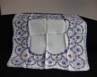 Vintage periwinkle and rose print flowered handkerchief