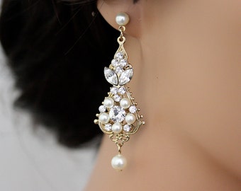 Gold Wedding Earrings Chandelier Earrings Vintage Bridal Earrings Ivory White Pearl crystal Wedding Jewelry, PARIS