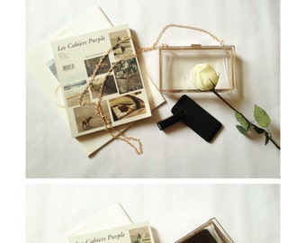 INVISIBILITY COLLECTION--Minimalism Transparent Perspex Clutch Box - Golden Clutch Frame with Chain