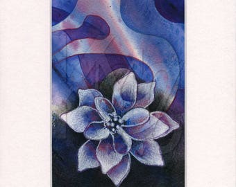 Matted Mixed Media Illustration of Flower on Abstract Blue Background