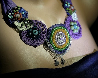 Special handmade crochet necklace /beaded necklace/silk handles/jewelry