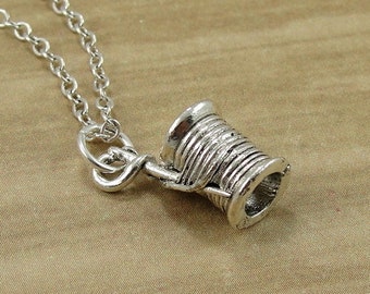 Spool of Thread Necklace, Silver Plated Needle and Thread Charm on a Silver Cable Chain