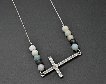 Natural Matte Amazonite Handmade Necklace with Cross Charm