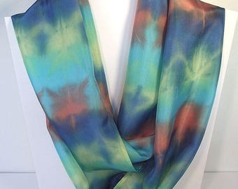 Hand Dyed Silk Infinity Scarf - 11 x 76", Turquoise, Yellow, Terracotta, Roayl Blue-Long Infinity Loop
