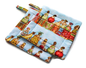 Quilted Pot Holders Fruit Ladies set of 2 Blue Potholders