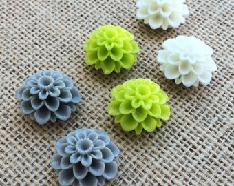Set of 6 Grey, Lime and White Dalia Flower push pins, thumb tacks