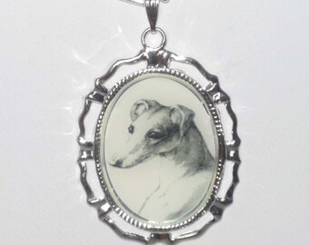 Altered Vintage Art Portrait Greyhound or Whippet Dog Pendant Necklace Silvertone