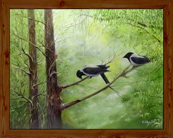 Two crows oil painting