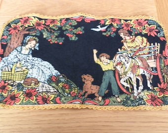 Antique Doily Painted on Felt-Mother/Children/Horse/Dog Picnic