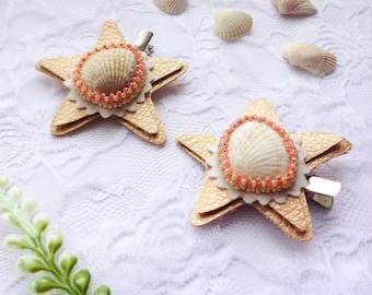 Shell Hairpins, Set of Two Hairpins, Starfish Hairpins, Baby Girl Hairpins, Adult Hairpins, Teen Hairpins, Alligator Clips, Beach Wedding