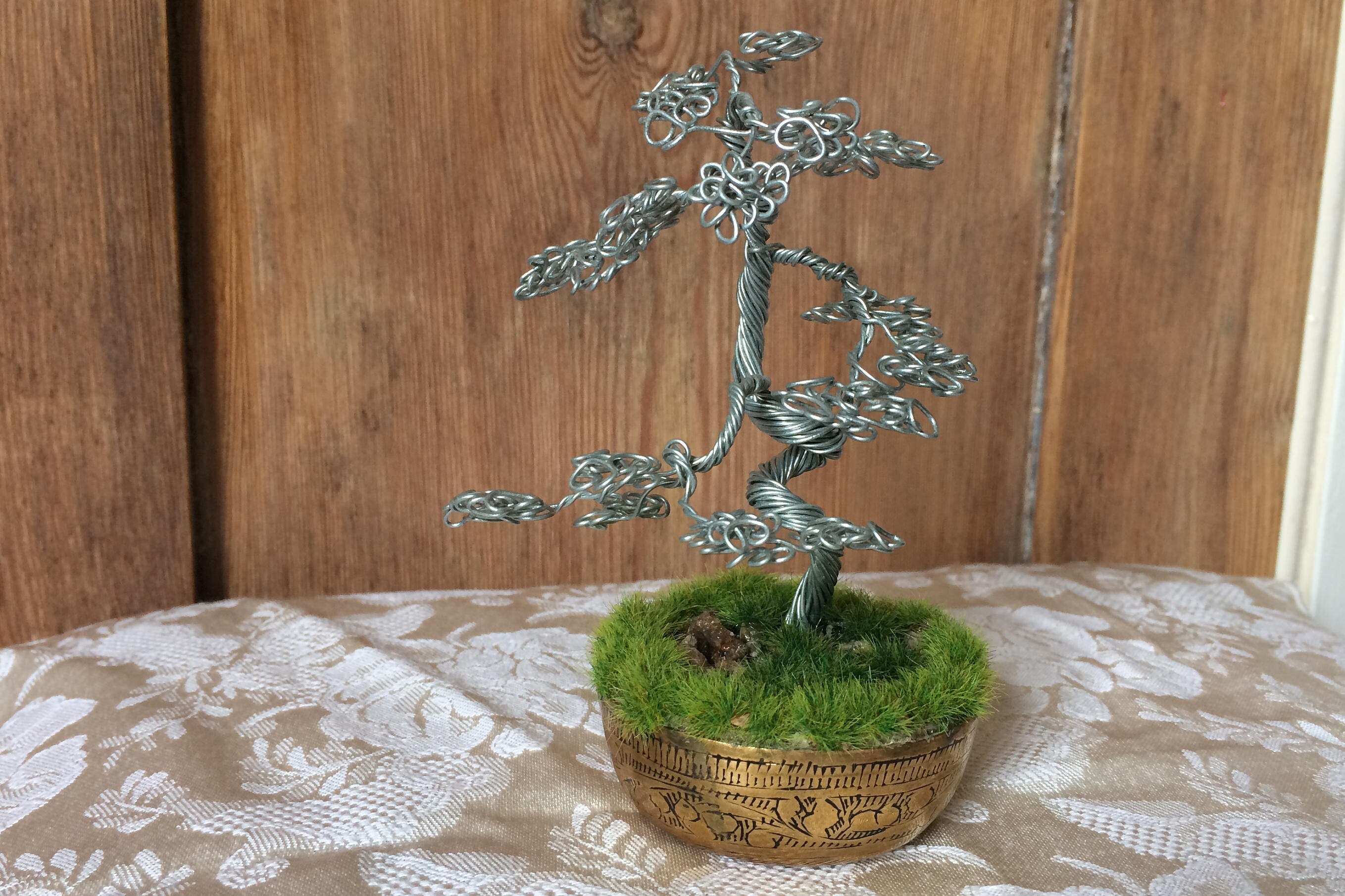 Silver TwistedTrunk Wire Bonsai Tree Sculpture in Ornate