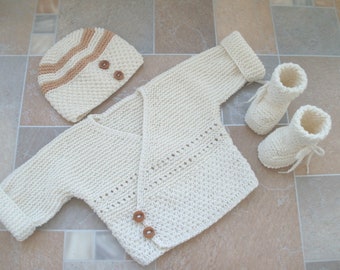 newborn set, baby boy hospital clothes, coming home outfit, knitted ivory sweater, hat and booties, babyboy cotton sweater, newborn clothes