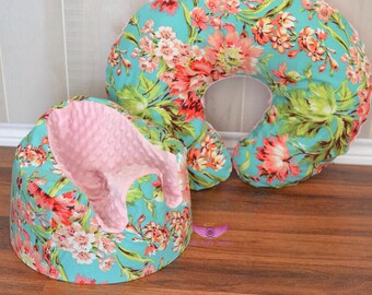 Amy Butler Bliss Bouquet in Teal Bumbo Seat Cover and Boppy Pillow Cover set