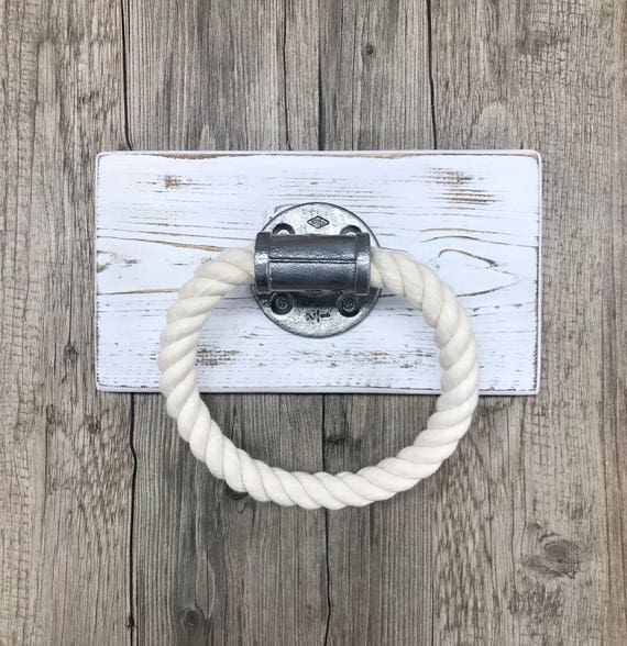 Modern Industrial Nautical Rope Towel Holder on Wood