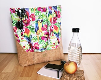 Large shopper bag-handbag made of canvas and Korkstoff with parrot motif