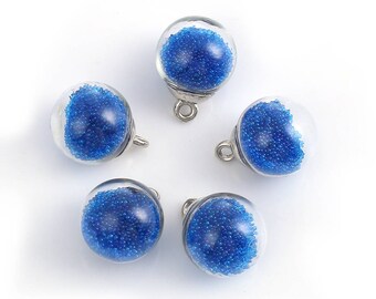 5 pendants Globe in glass silver Interior Micro beads - blue