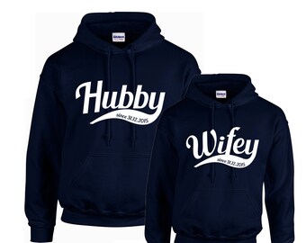 Hubby and Wifey Personalized Hoodies with date Wedding gift, anniversary present, husband gift, couple set, tshirt top, since,