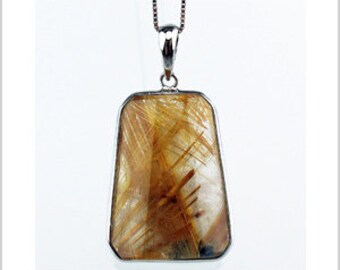 EP010405) Gold Rutilated Quartz Pendant, 925 Silver, Octagon Shape