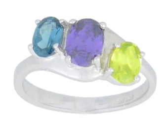 London Blue Topaz Amethyst & Peridot Oval Ring .925 Sterling Silver