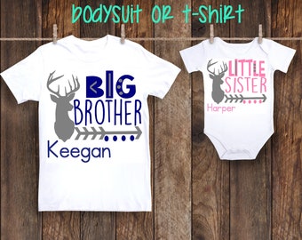 SET Big Brother Little Sister Deer Hunting Shirts Personalized Custom Shirt One piece bodysuit Pregnancy announcement older siblings sis