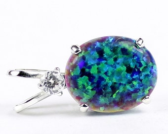 Created Blue Green Opal, 925 Sterling Silver Pendant, SP022