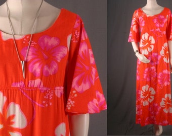 Floral dress Hawaii Hawaiin pink orange flower power maxi dress vintage 70s Bohemian Boho Gypsy women size S small