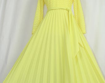 Vintage 1960's Poly Knit Pleated Maxi Dress w/ Orig. Belt