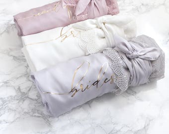 Satin and Lace Bridal Robes - Maid of Honor Custom Gift White Blush Light Gray Rich Mauve Satin Bridal Party Robe Bridesmaid Robes Lace