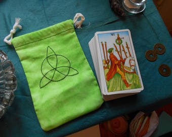 Embroidered Triquetra Green Cotton Tarot Deck Bag