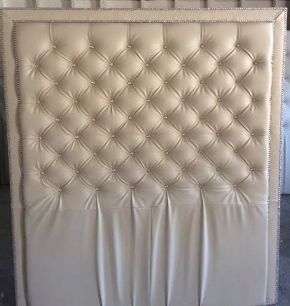 Crystal Button Diamond Tufted Faux Leather Headboard with