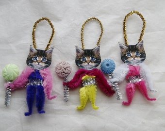 Chenille Ornaments, Easter Cats, Kittens, Vintage Style Primitive (198)