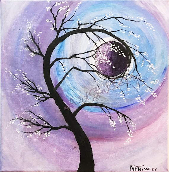 Cherry blossom Tree branches moon painting purple sky