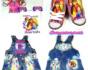 Custom overalls, Dora birthday outfit, girls overalls, birthday Shirt, dora birthday set, birthday outfit, girls romper, Denim set