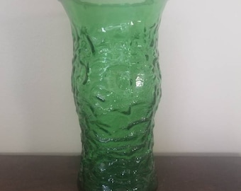 Vintage Green Glass Tall Vase with Rippled Texture.