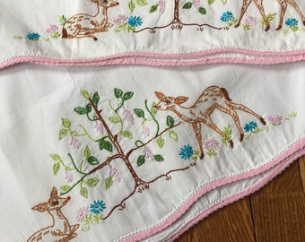 Vintage Hand Embraoidered Deer Pillowcase Set of 2