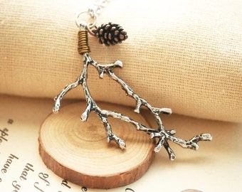 Silver Twig Necklace, Silver Branch Necklace, Boho Necklace, Woodland Necklace, Forest Necklace, Pinecone Necklace, Nature Necklace