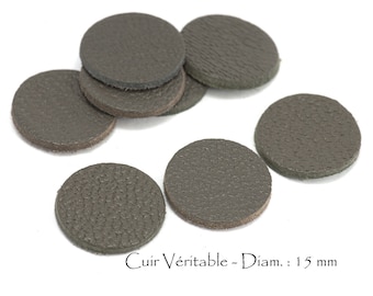 6 round genuine leather - Diam. 15 mm - goat leather - charcoal grey color set