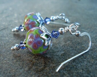 Handcrafted Art Glass Earrings | Lime, Purple, Sky Blue and Watermellon Floral Tie Dye | Fun Earrings | Women's Gift