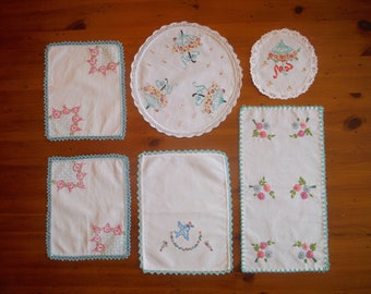 6 Vintage Embroidered Floral Linens - Embroidery Crochet Crocheted Seafoam Green Pink Flowers Umbrellas Table Linens Lot - Bulk Embroidery