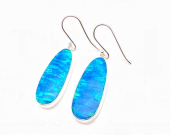 Blue Opal Earrings // 925 Sterling Silver // Large Oval Setting // Blue Fire Opal Earrings