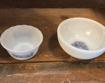 Vintage Currier and Ives Milk Glass 2 dish set-glasbake