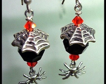 SALE - SPIDER & WEB Halloween Earrings - Swarovski and Sterling Silver - Was 9.99