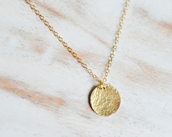 Hammered Gold Disc Necklace, Circle Tag Necklace, Hammered Circle Necklace, Circle Coin Necklace