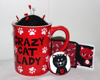 Red and Black Crazy Cat Lady Mug Wool Felt Pincushion and Matching Cat SacsToys and Retractable Tape Measure Set